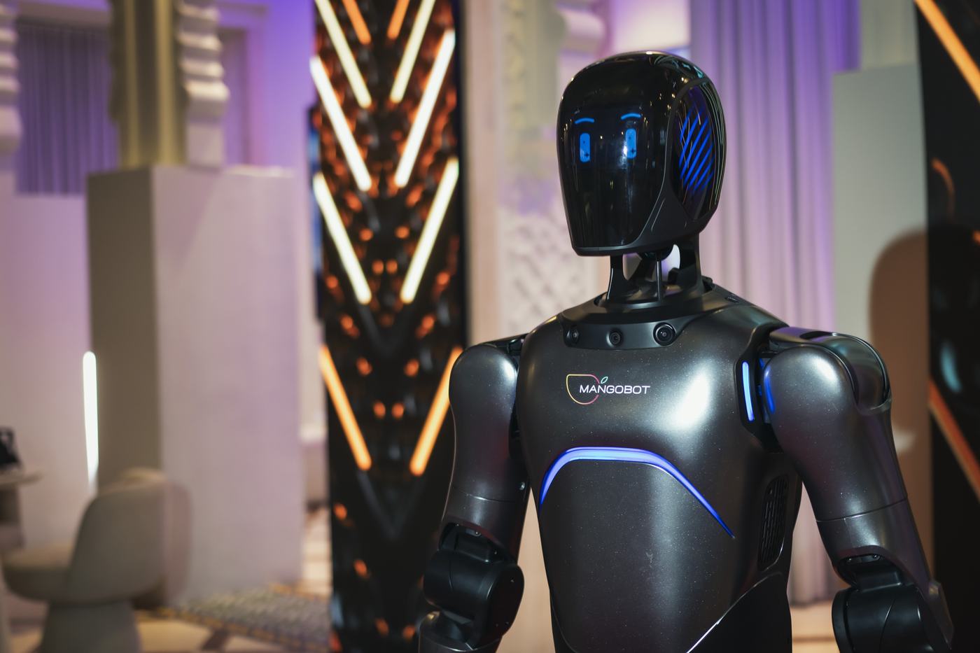 Mangobot A2 Ultra on stage under event lighting