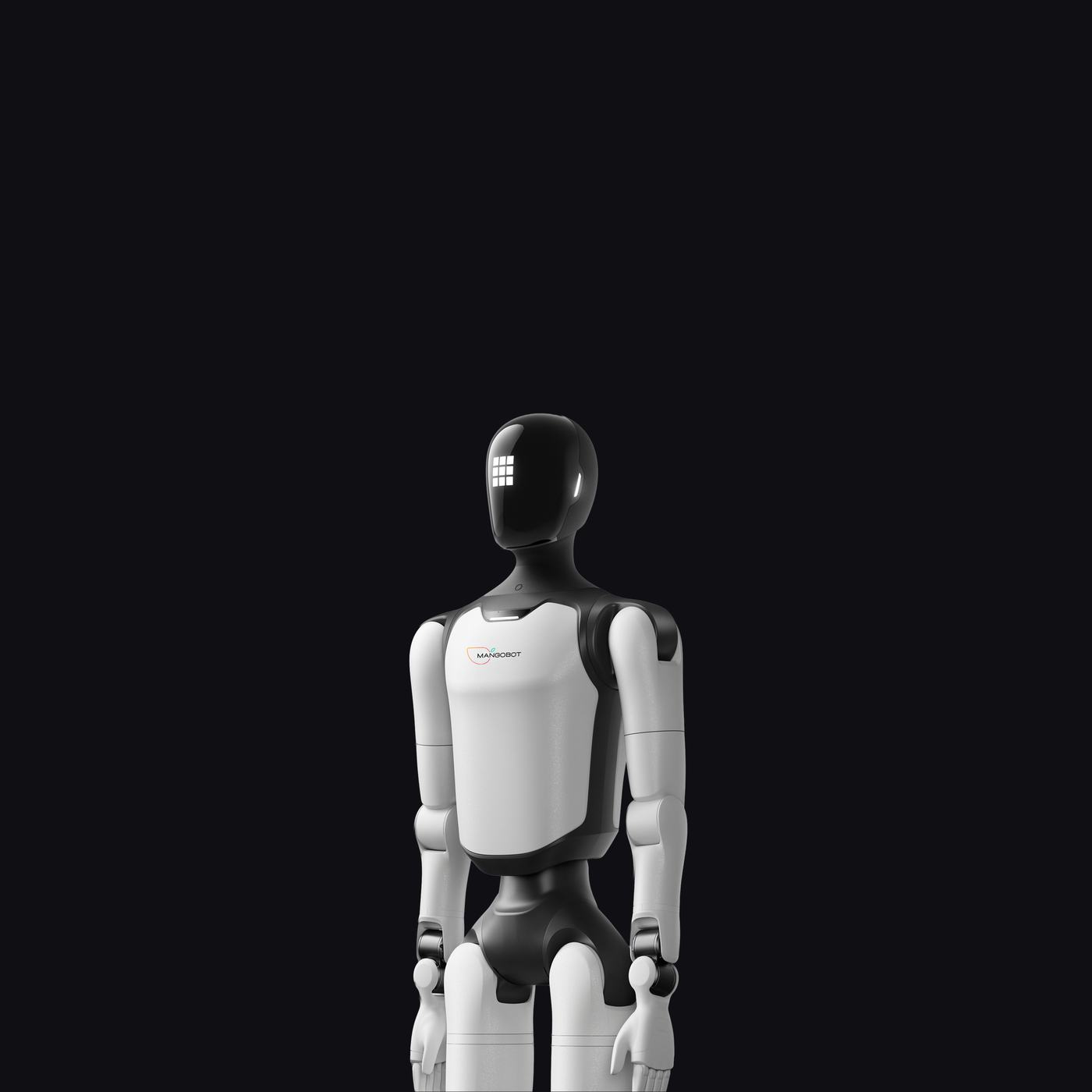 Mangobot A3 humanoid robot standing against a black background