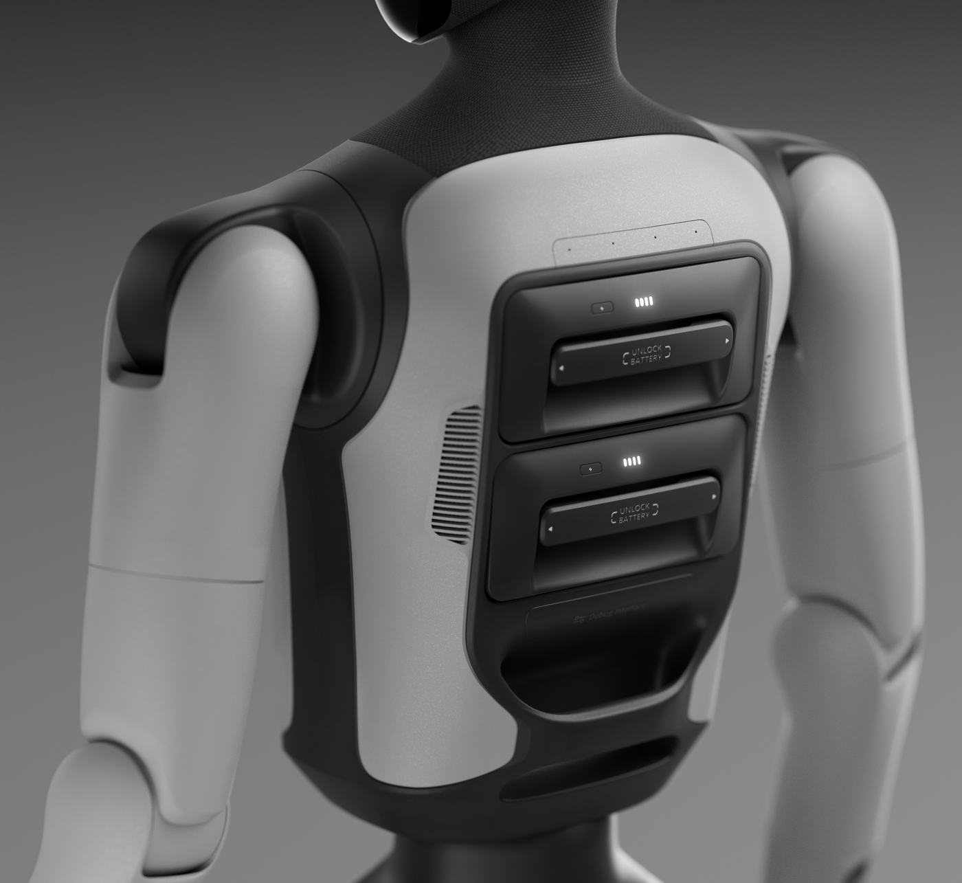 Close detail of the Mangobot A3 chest panel
