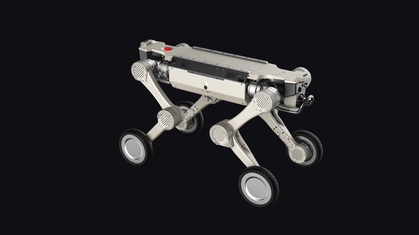 Mangobot D1 Max wheeled quadruped robot against a dark background