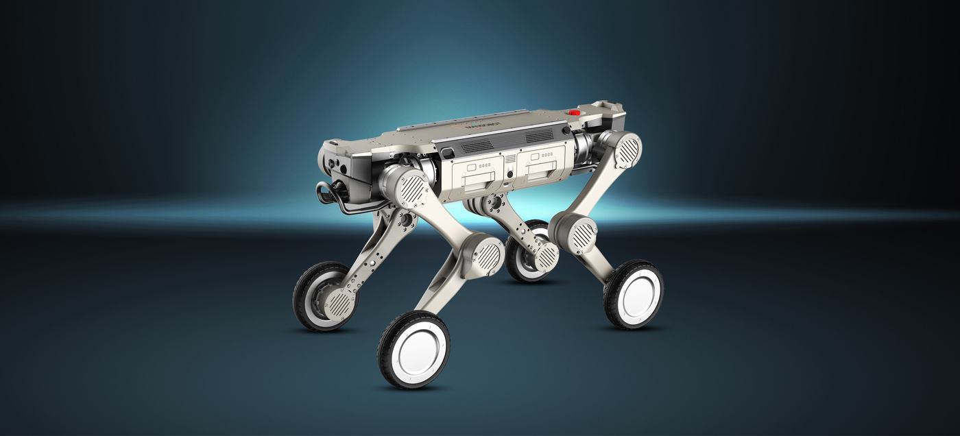 Mangobot D1 Max wheeled quadruped robot lit from behind