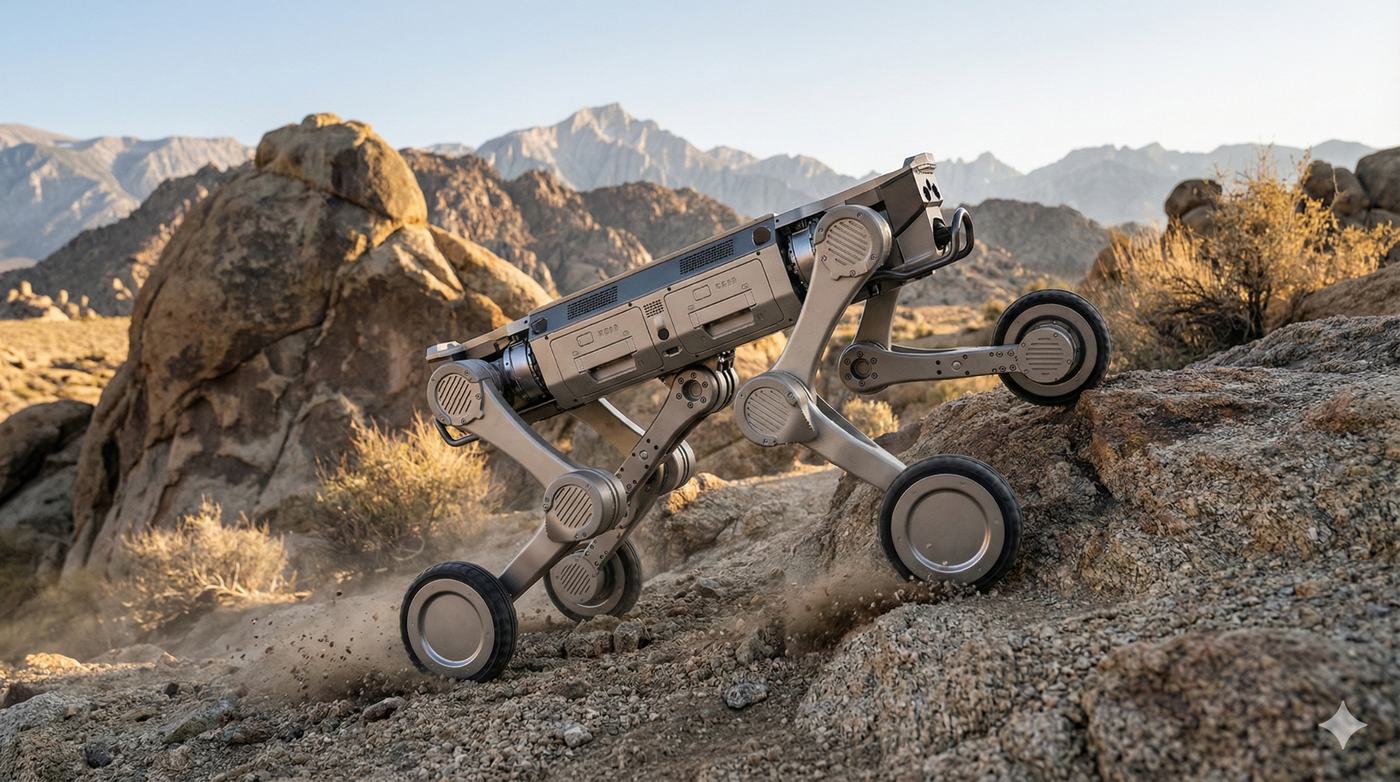 Mangobot D1 Max wheeled quadruped robot climbing rocky ground