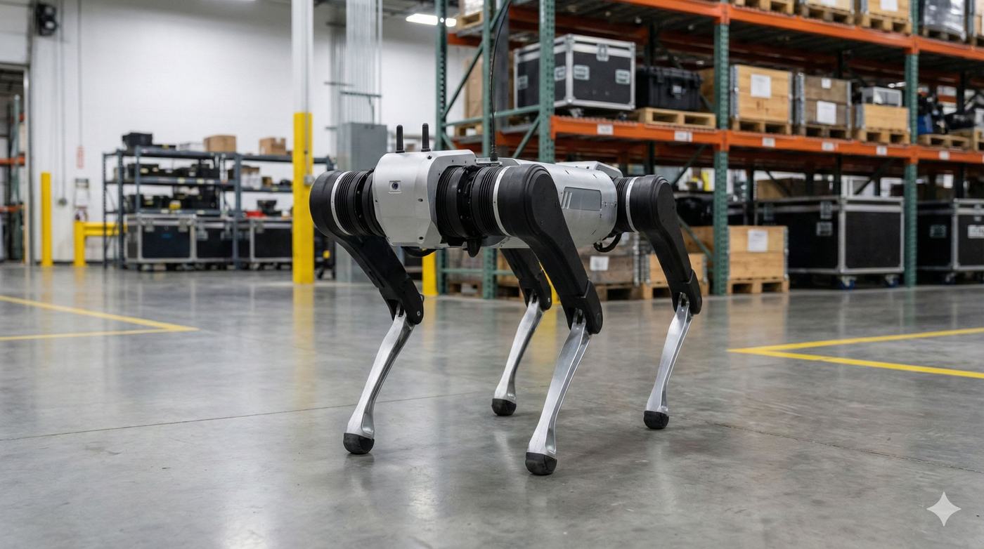 Mangobot D1 Max Pro quadruped robots working in a warehouse