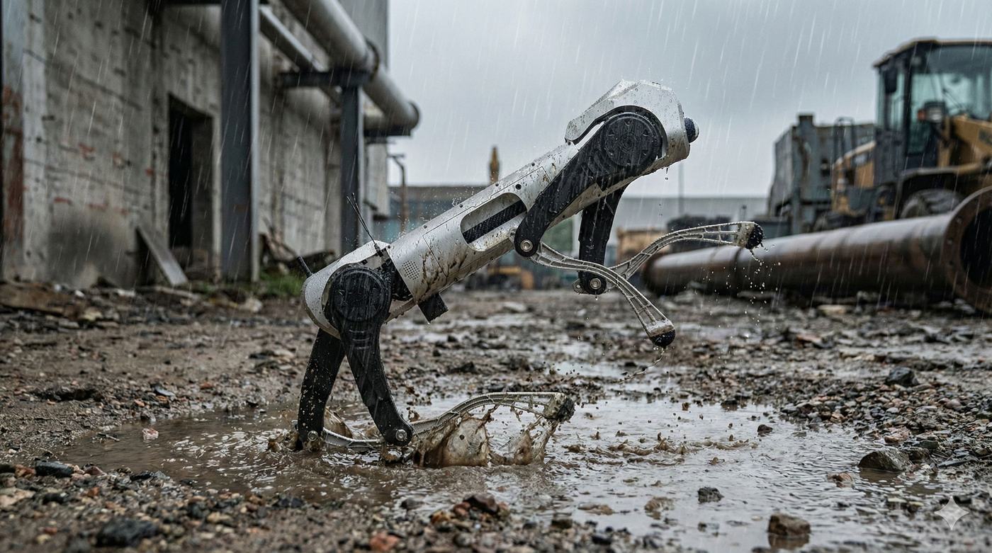Mangobot D1 Max Pro quadruped robot on a demolition site