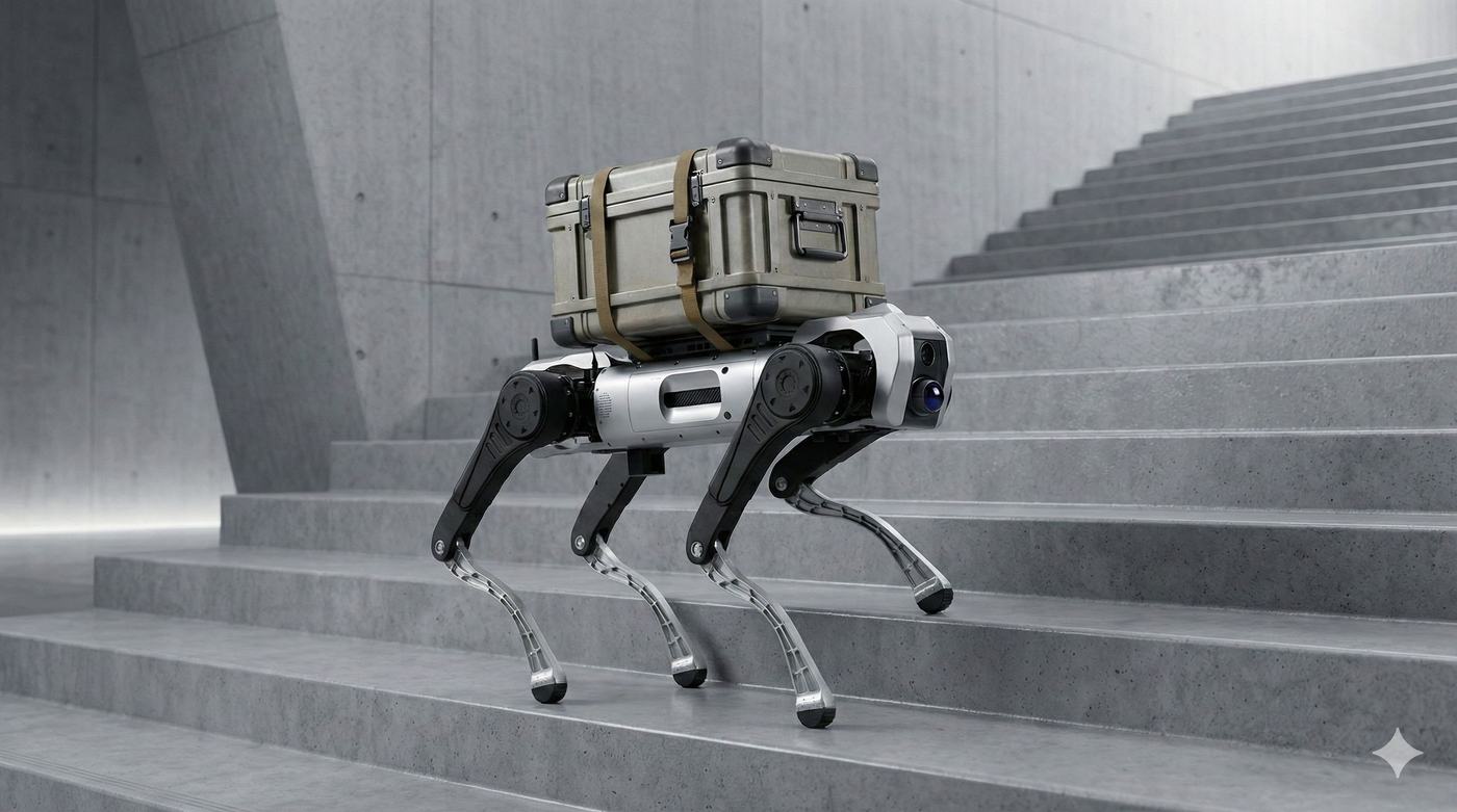 Mangobot D1 Max Pro quadruped robot carrying a case up steps