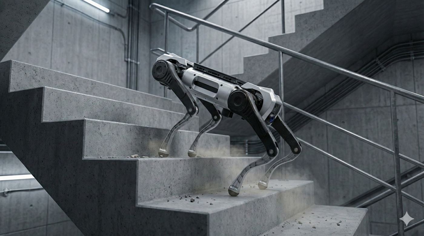Mangobot D1 Max Pro quadruped robot climbing a stairway