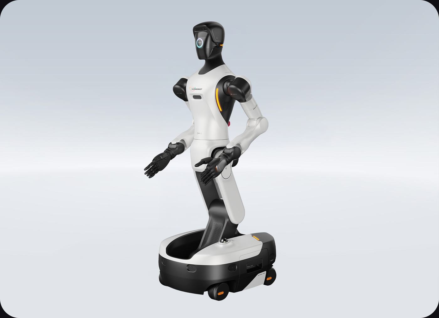 Mangobot G2 humanoid robot on its mobile base