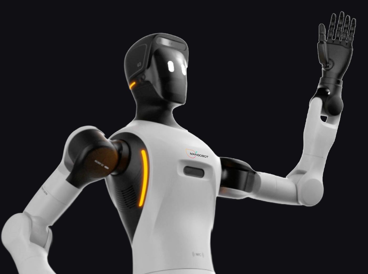 Mangobot G2 humanoid robot raising a hand in greeting